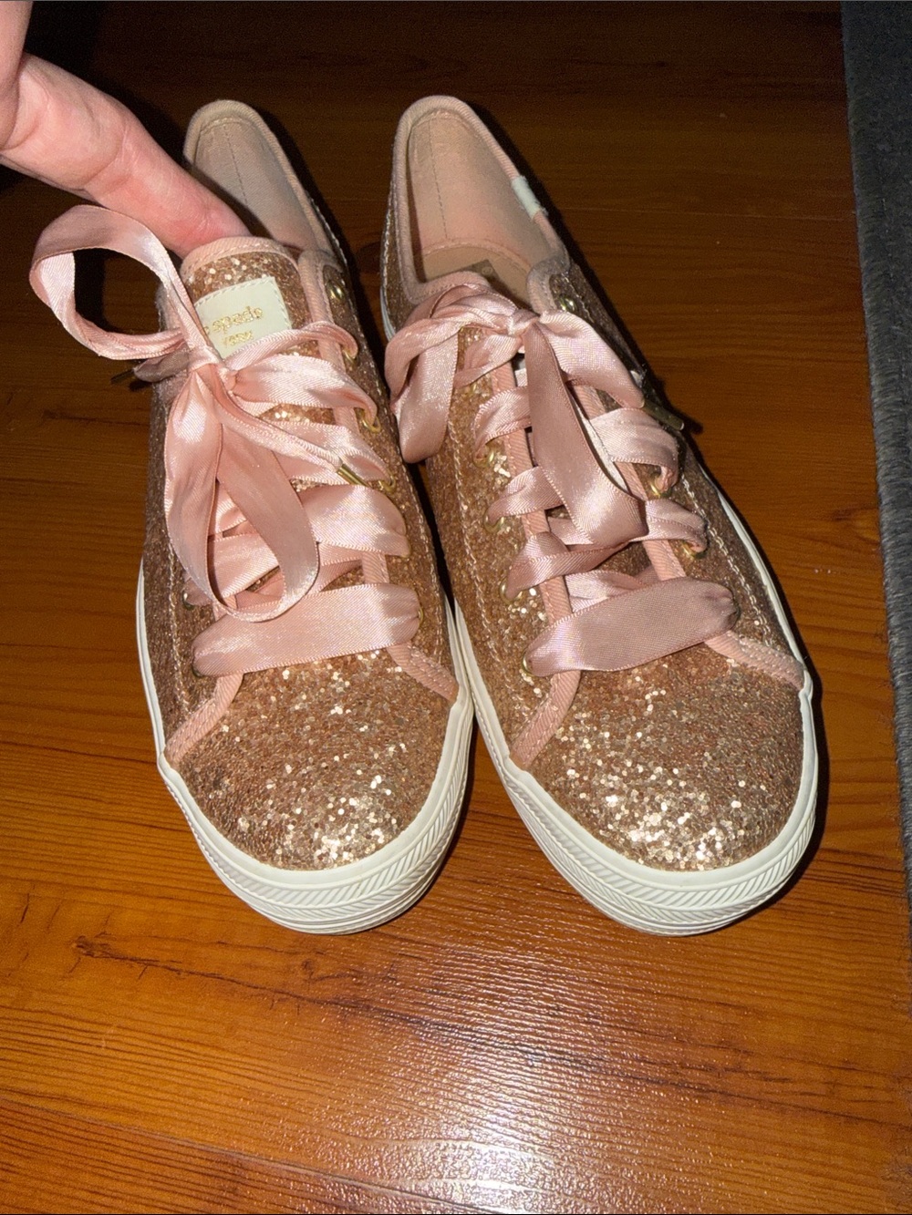 Keds -Kate Spade -Rose Gold Glitter Satin Ribbon Sneakers